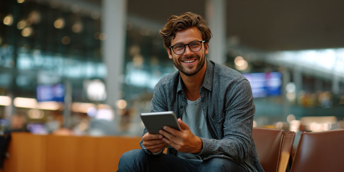 Man at the airport using an e-reader