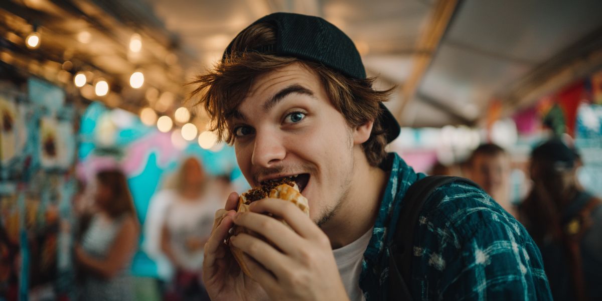 Man eating takeaways at a music festival