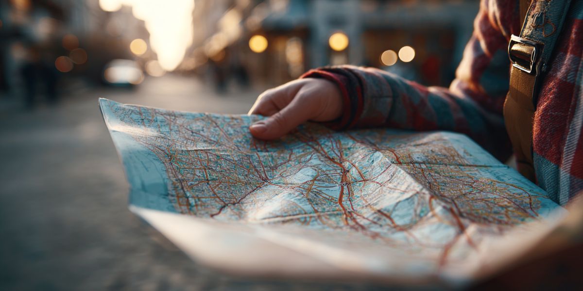 Someone looking at a map in an unknown city