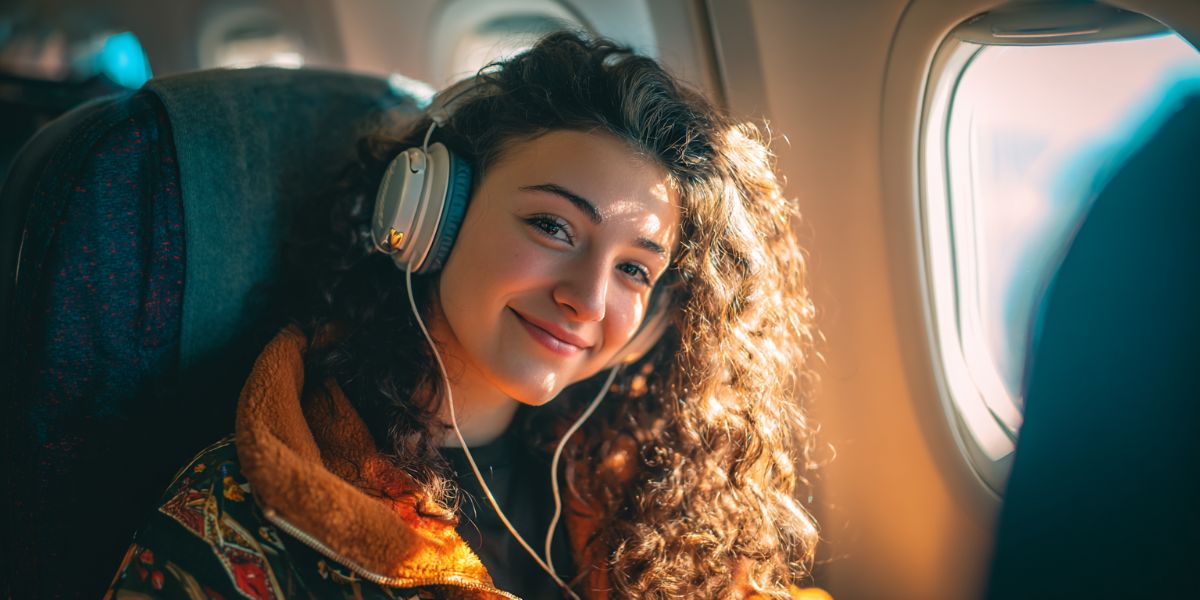 Woman sitting on a plane listening to music smiling at the camera