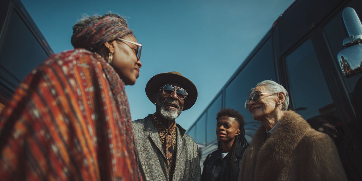 People standing outside a bus talking