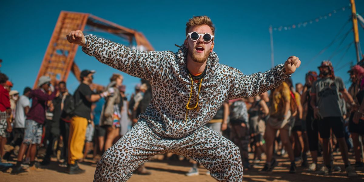 Man in a leopard onesie at a South African Music Festival