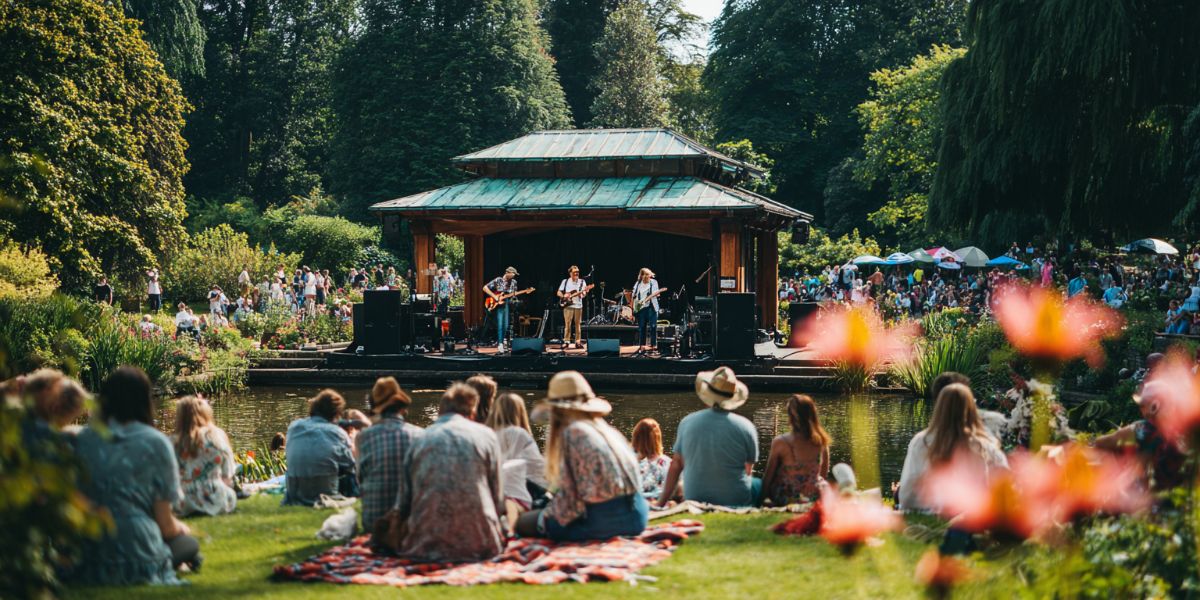 A stage set up in a botanical garden for a music concert