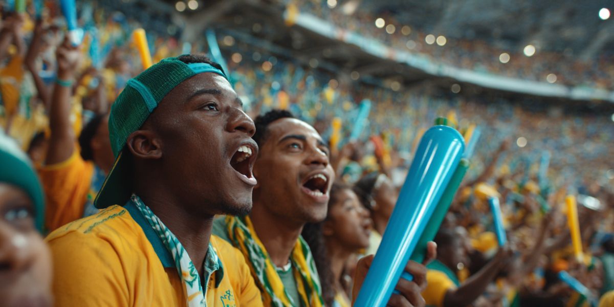 A group of friends at a soccer stadium in South Africa watching a game.