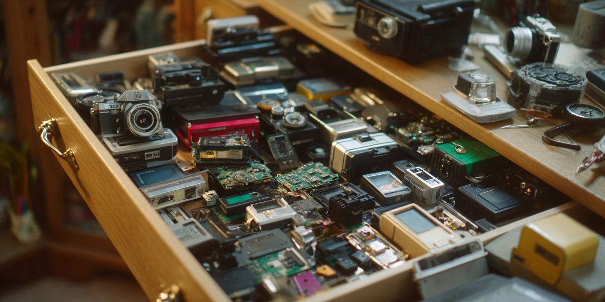 A drawer filled with discarded gadgets