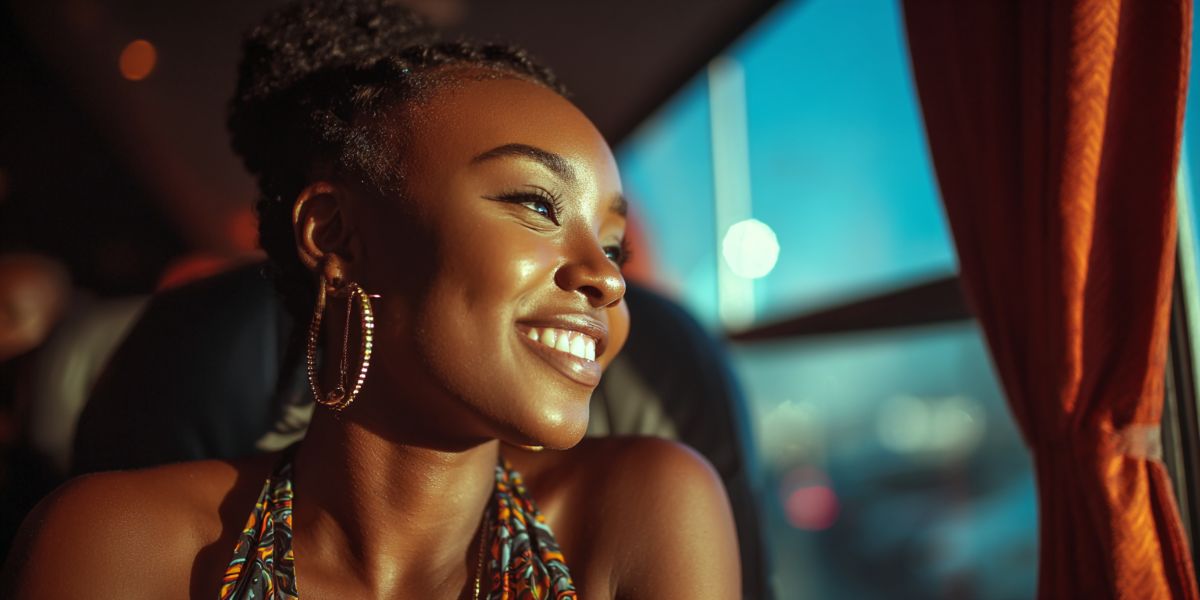 A young lady sitting in a bus looking out the window