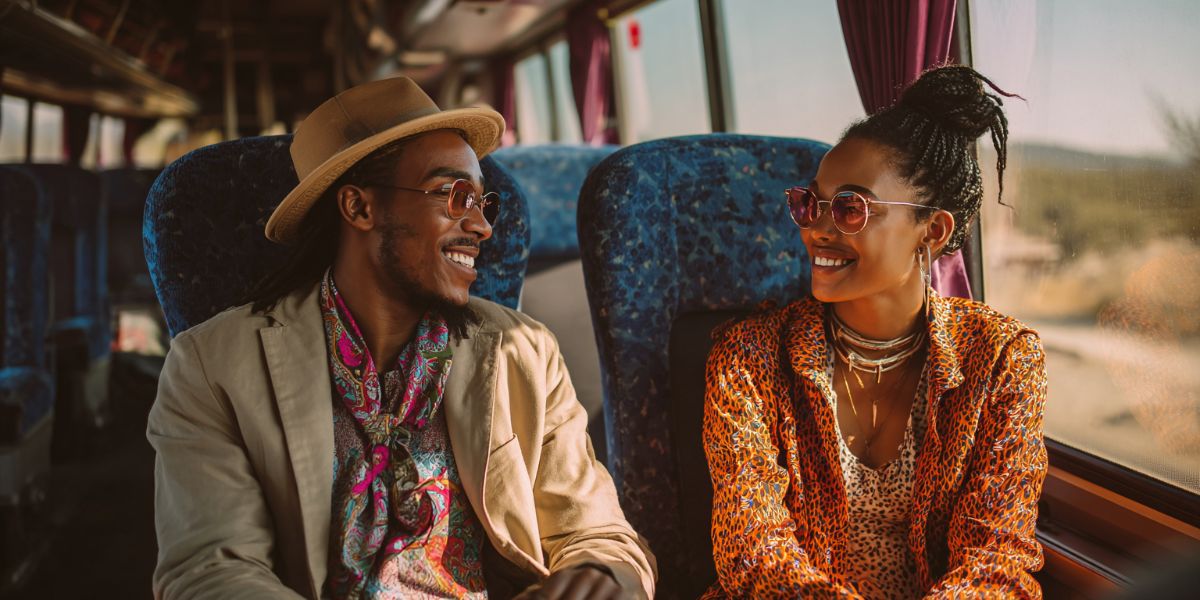 Two people travelling on a bus talking to each other.