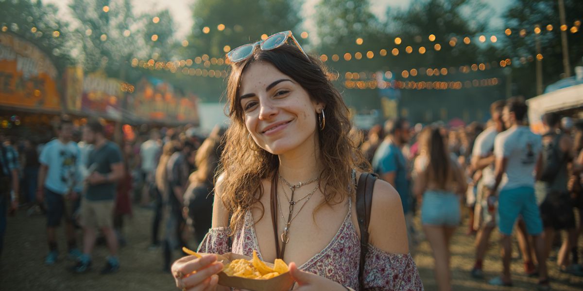 Woman eating chips at a music festival