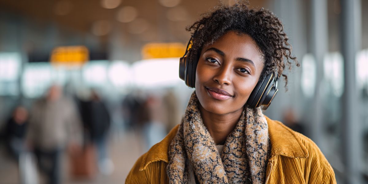 Lady in an airport wearing noise cancelling headphones