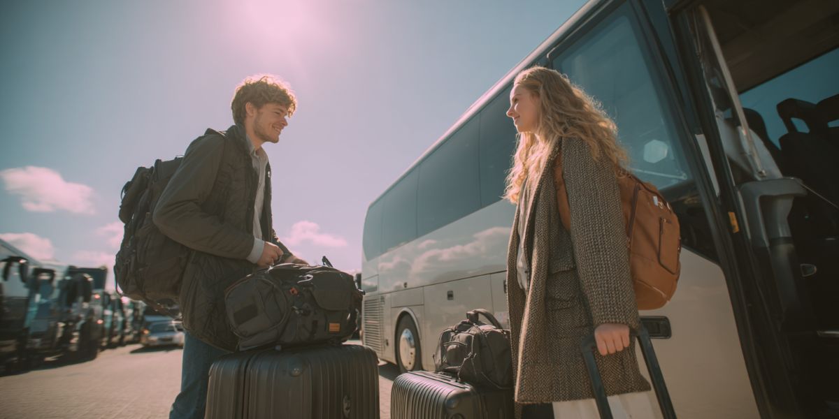 Young people boarding a bus