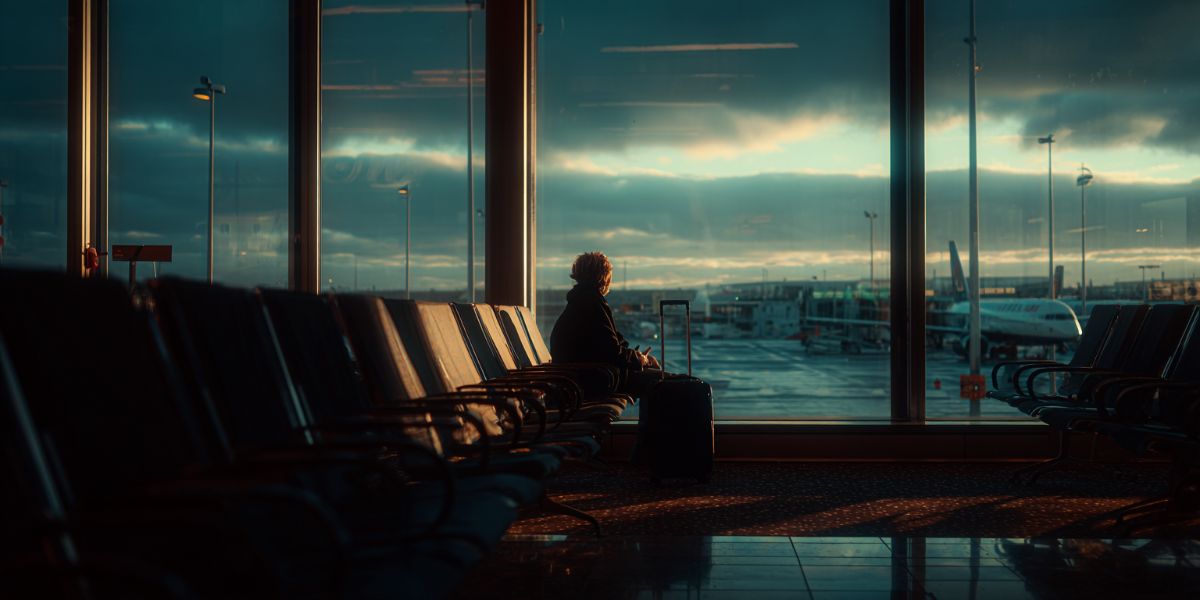 Someone sitting in an airport departure lounge