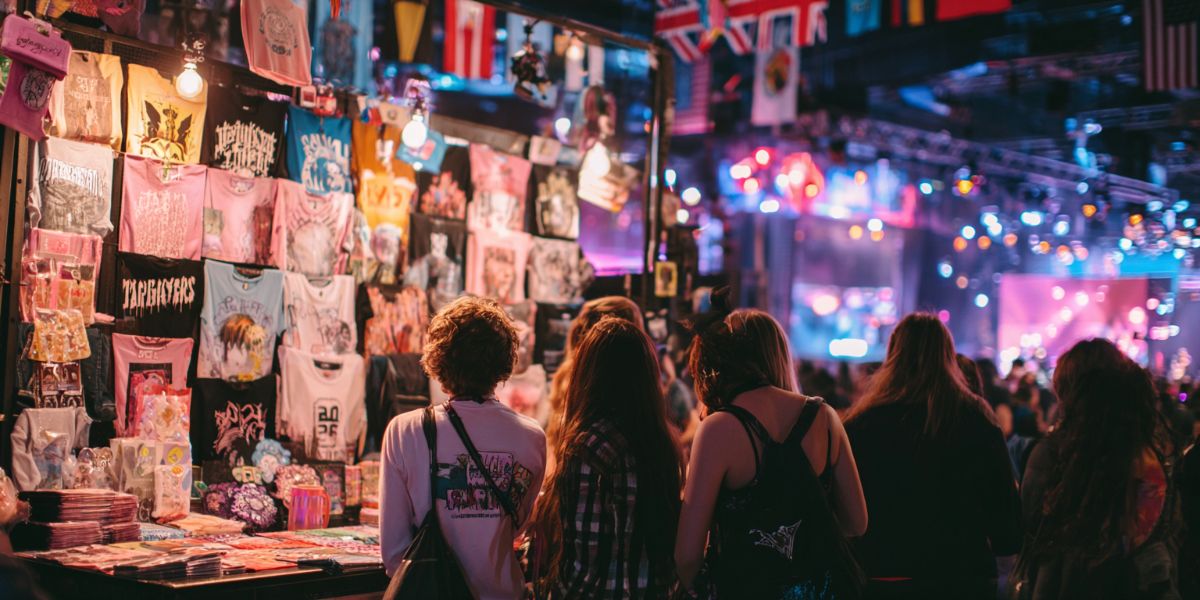 Fangirls at a merchandise stand at a concert