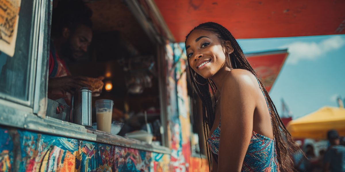 A Young Girl buying food from a food truck at a music festival