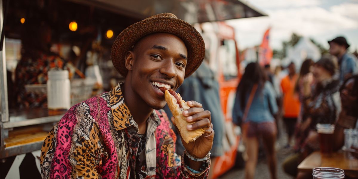Man eating boerewors roll at a music festival