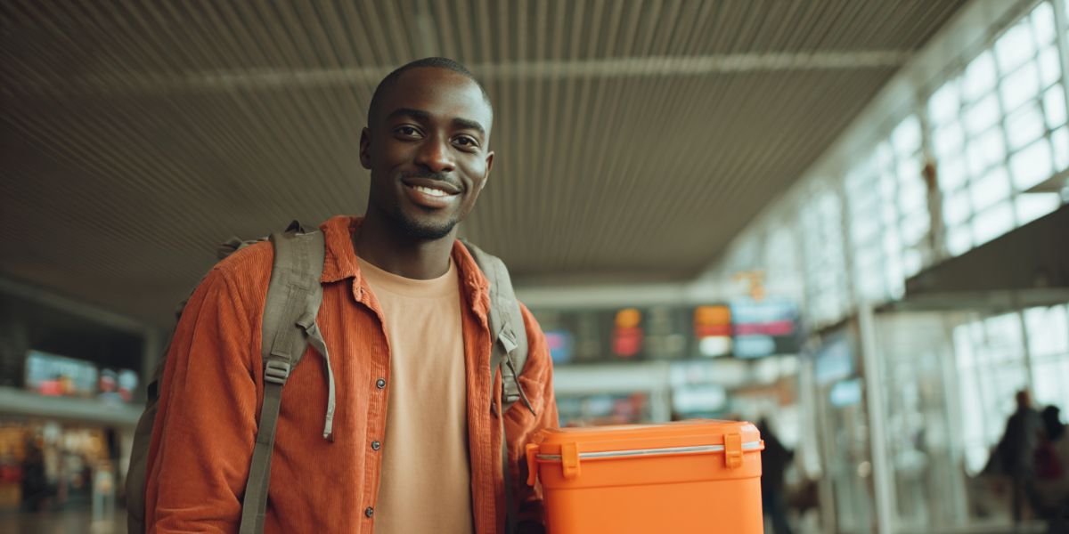 Man carrying a cooler box with food at the airport