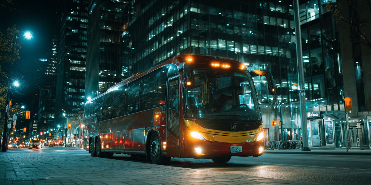 A luxury bus parked in the city at a bus stop