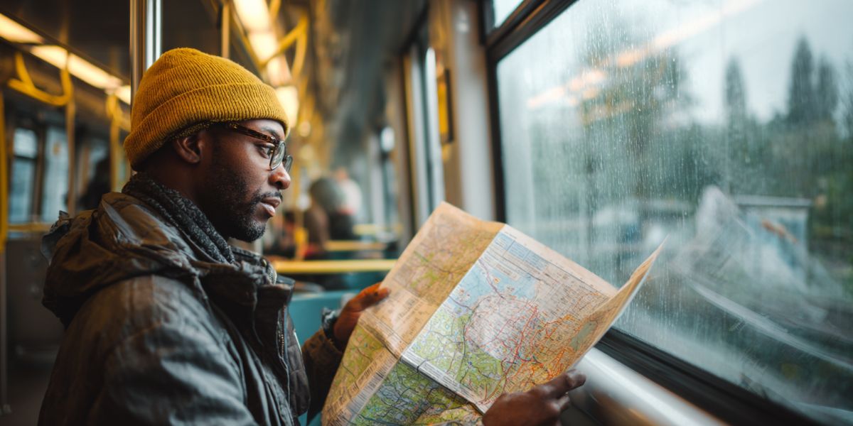 Man on metro train looking at map